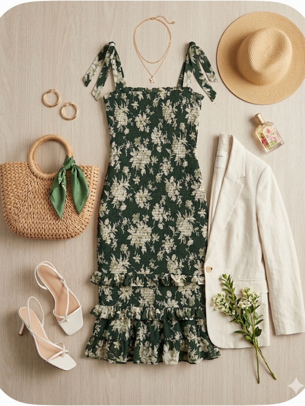 Abercrombie & Fitch Smocked Floral Midi bodycon Dress Green Sz M Wedding Guest
